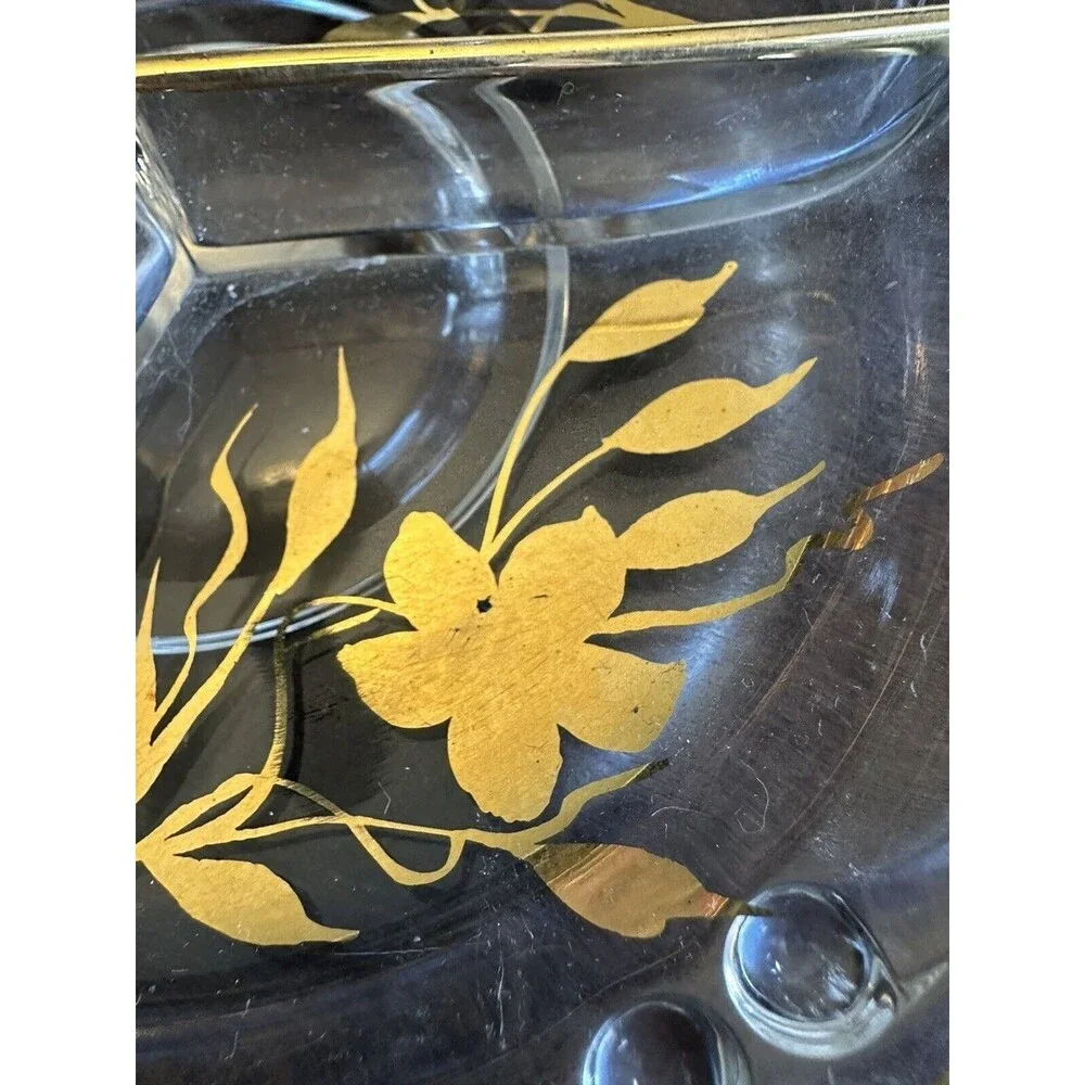 Vintage three sectioned gold trimmed candy dish, 8 inch diameter, MCM, holiday
